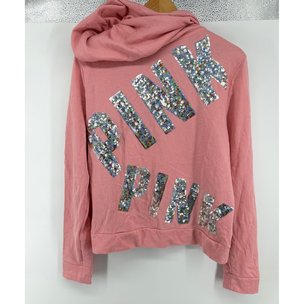 Pink Victoria's Secret Sequin Logo Full Zip Hoodie Pink Large L